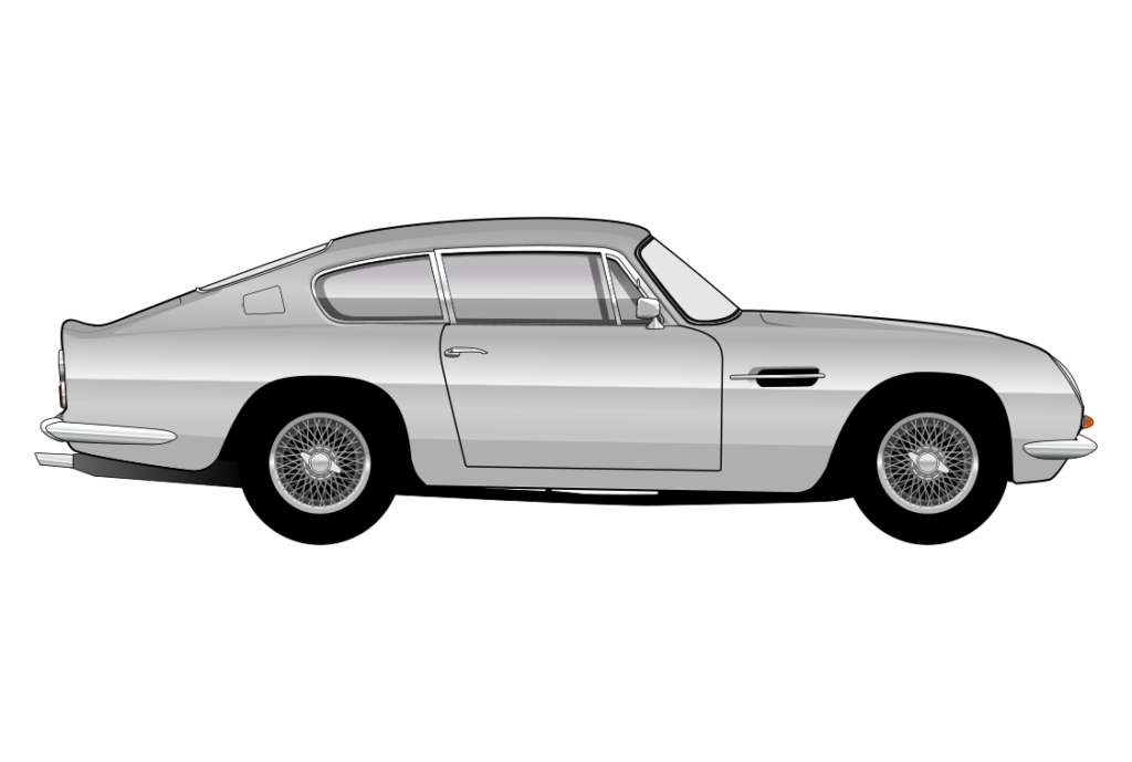 Silver Aston Martin DB6 side view vector car graphic design for custom t-shirt and mug prints