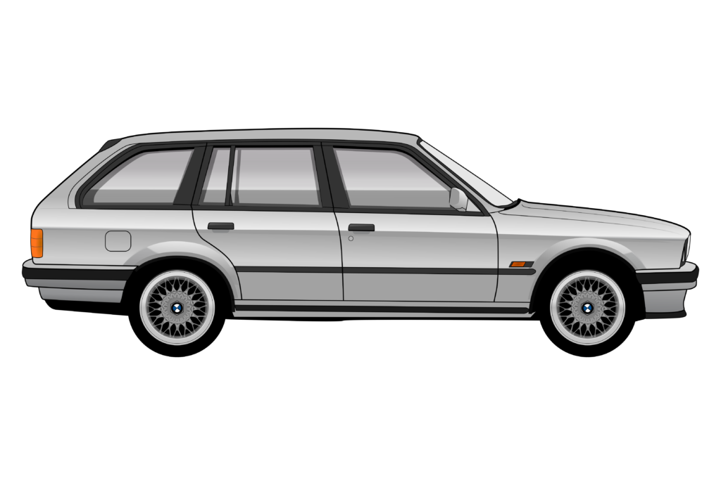 Silver BMW E30 Touring side view vector car graphic design for custom t-shirt and mug prints