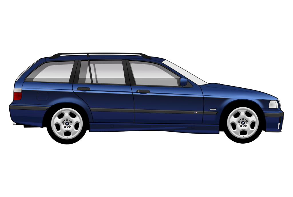 Blue BMW E36 Touring side view vector car graphic design for custom t-shirt and mug prints