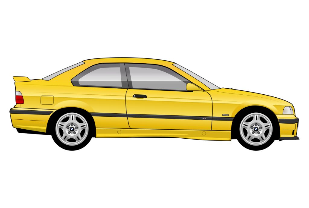 Yellow E36 M3 side view vector car graphic design for custom t-shirt and mug prints