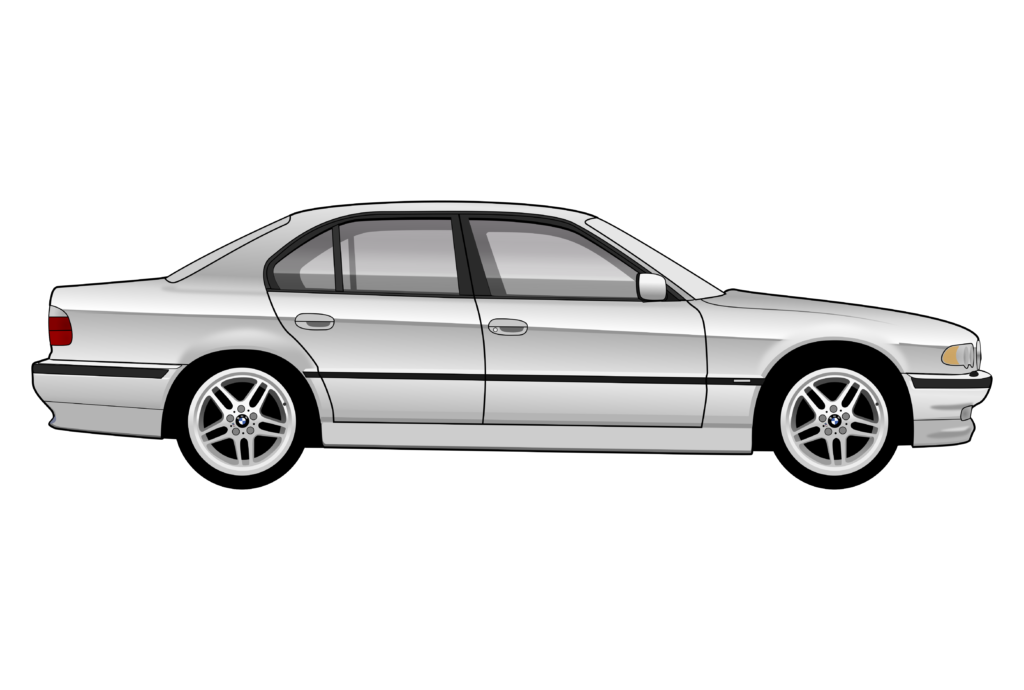 Silver BMW E38 LCI side view vector car graphic design for custom t-shirt and mug prints