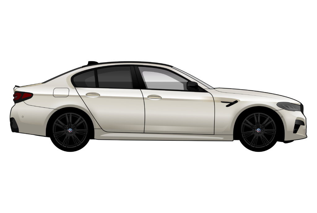 Silver BMW F90 M5 side view vector car graphic design for custom t-shirt and mug prints