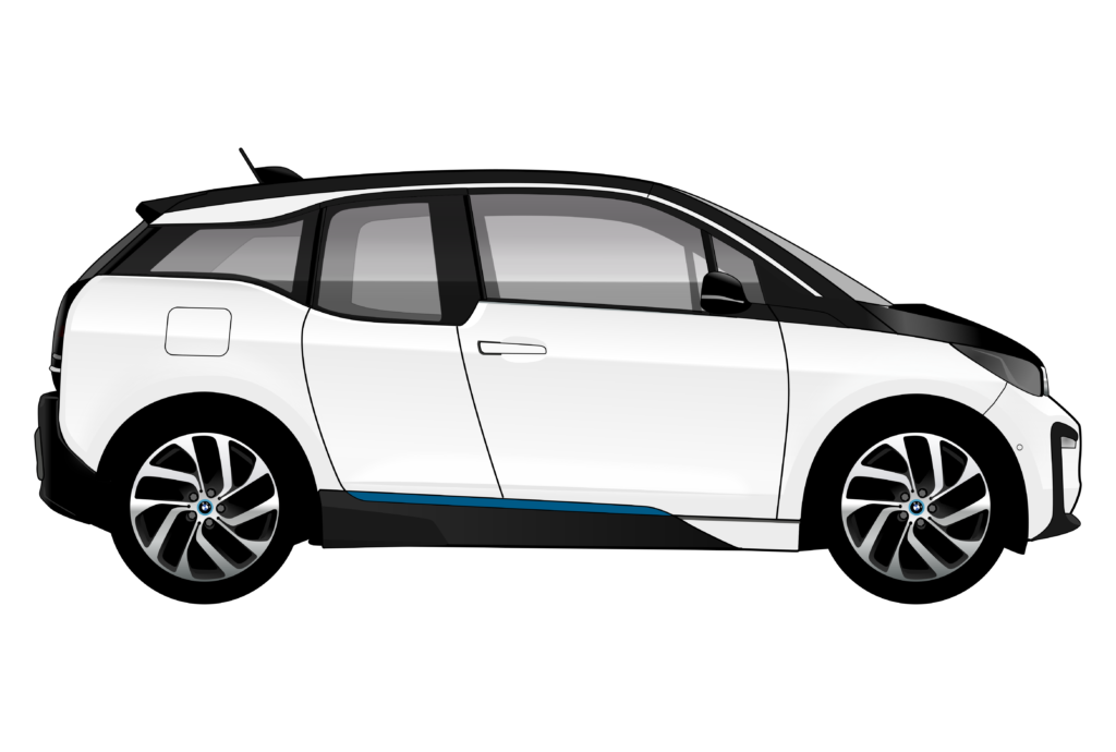 White BMW i3 side view vector car graphic design for custom t-shirt and mug prints