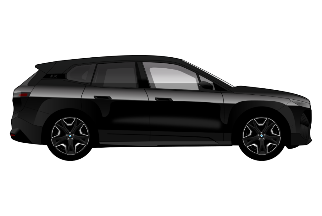 Black BMW iX side view vector car graphic design for custom t-shirt and mug prints