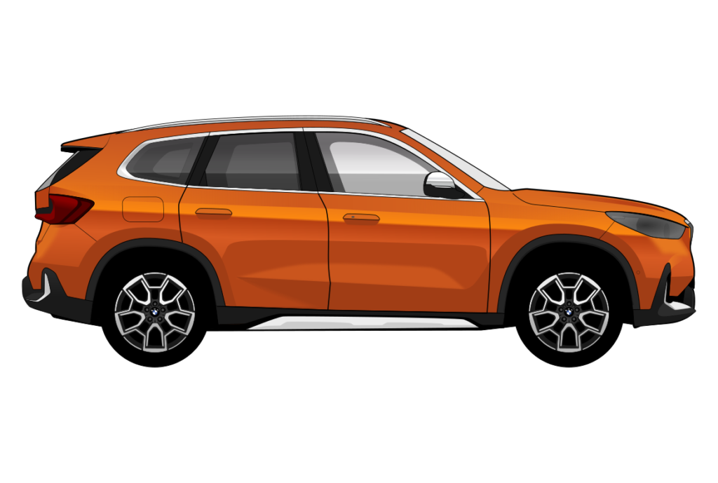 Orange BMW X1 Mark 3 side view vector car graphic design for custom t-shirt and mug prints