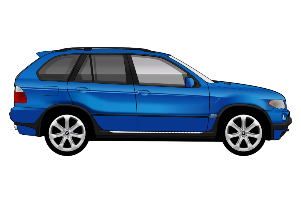 Blue BMW X5 Mark 1 side view vector car graphic design for custom t-shirt and mug prints