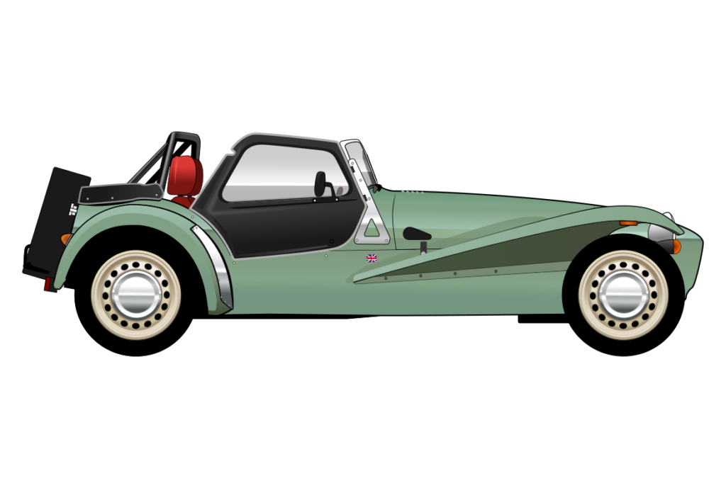 Green Caterham Seven Sprint side view vector car graphic design for custom t-shirt and mug prints