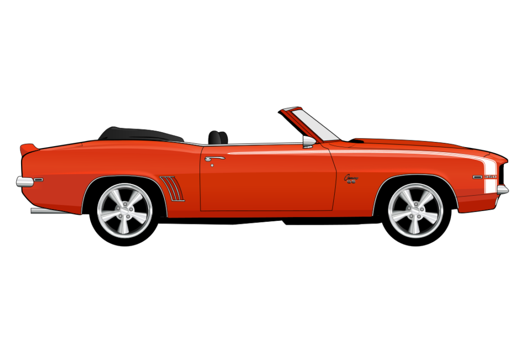 Orange Chevrolet Camaro 1966 Convertible side view vector car graphic design for custom t-shirt and mug prints