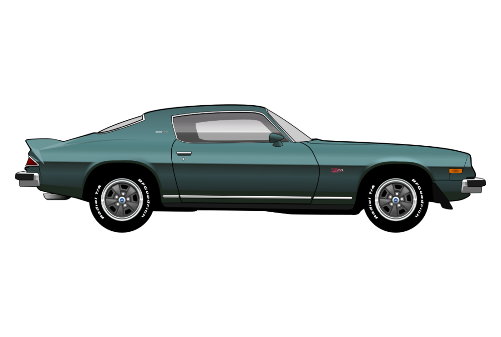 Green Chevrolet Camaro 1976 side view vector car graphic design for custom t-shirt and mug prints