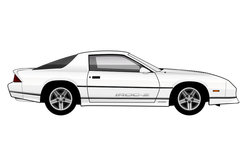 White Chevrolet Camaro IROC-Z side view vector car graphic design for custom t-shirt and mug prints