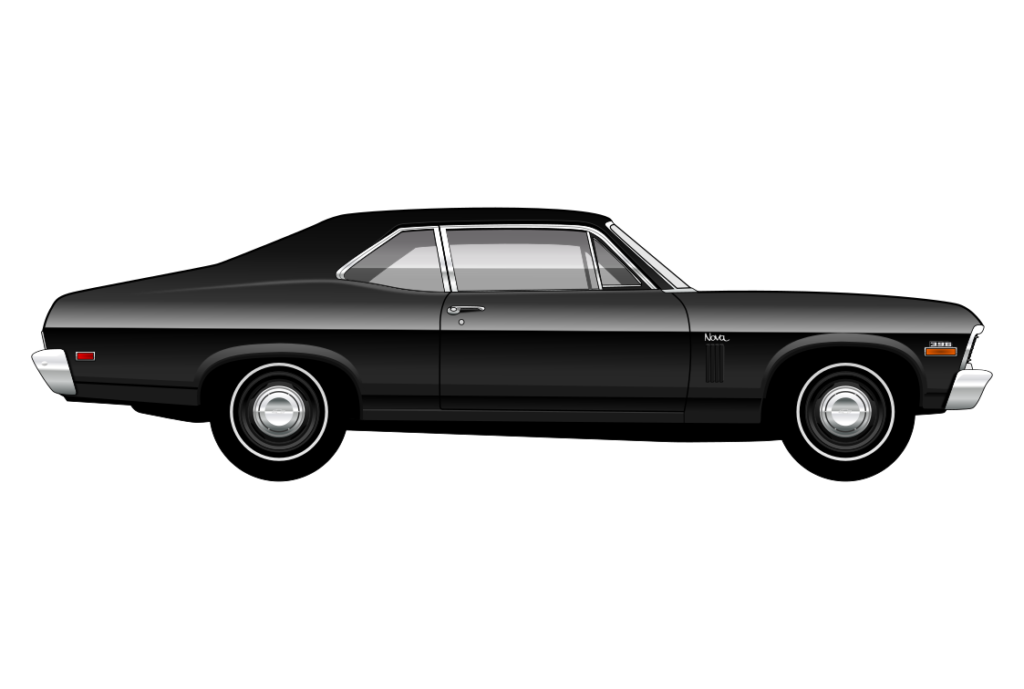 Black Chevrolet Nova side view vector car graphic design for custom t-shirt and mug prints