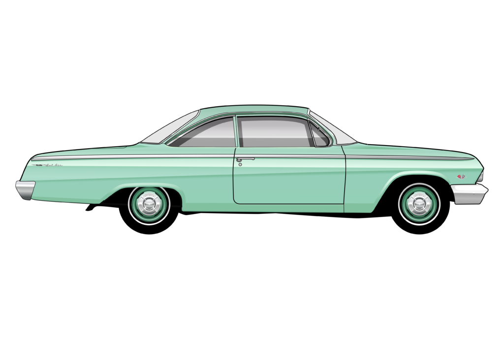 Green Chevrolet Belair 1962 side view vector car graphic design for custom t-shirt and mug prints