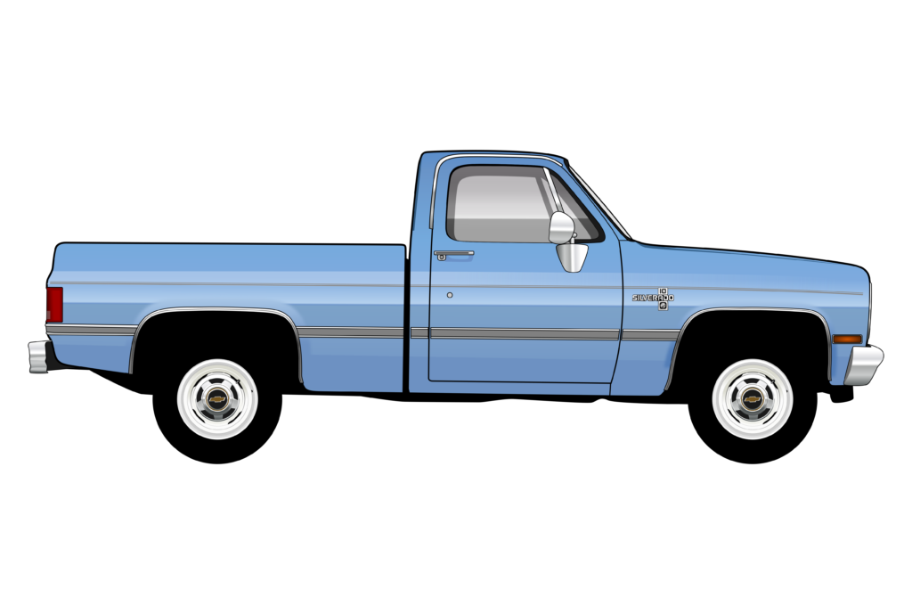 Blue Chevrolet Silverado 1987 side view vector car graphic design for custom t-shirt and mug prints