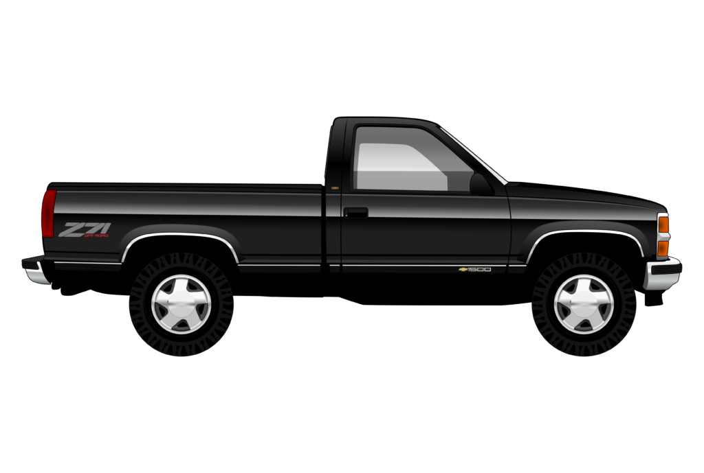 Black Chevrolet Silverado 1998 side view vector car graphic design for custom t-shirt and mug prints