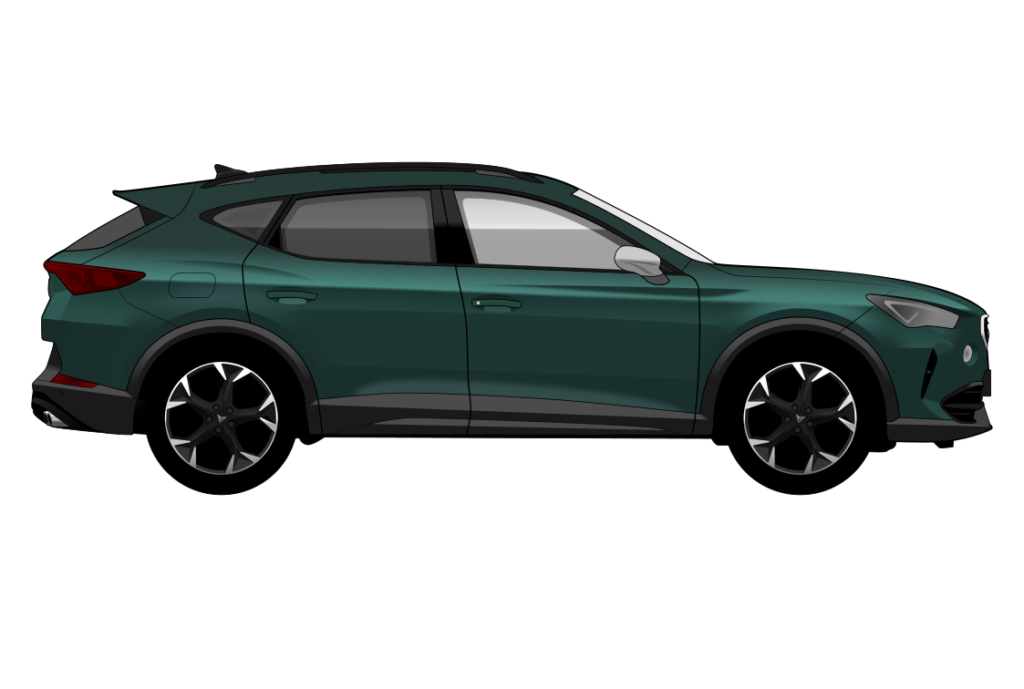 Green Cupra Formentor side view vector car graphic design for custom t-shirt and mug prints