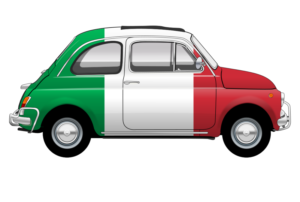 Tricolour Fiat 500 side view vector car graphic design for custom t-shirt and mug prints