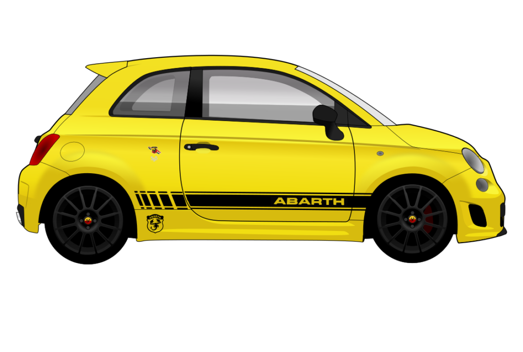 Yellow Fiat 500 Abarth side view vector car graphic design for custom t-shirt and mug prints