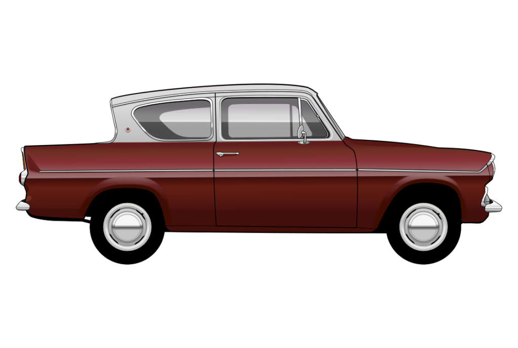 Burgundy Ford Anglia 105E side view vector car graphic design for custom t-shirt and mug prints