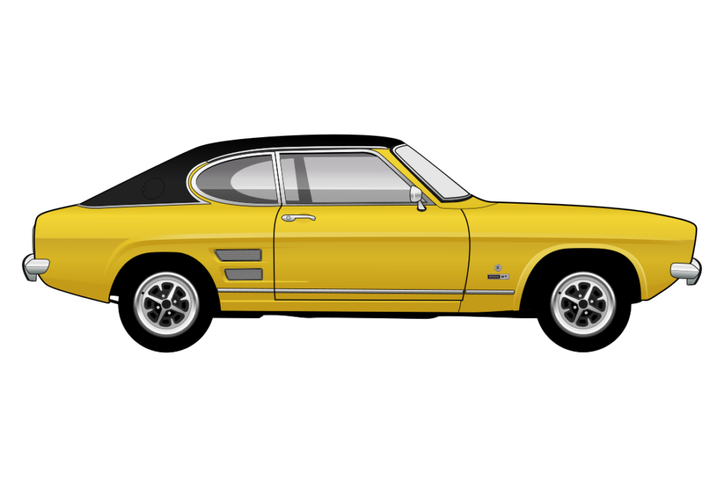 Yellow Ford Capri Mark 1 side view vector car graphic design for custom t-shirt and mug prints