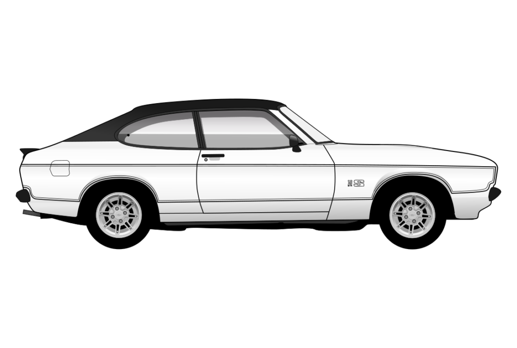 White Ford Capri Mark 2 side view vector car graphic design for custom t-shirt and mug prints