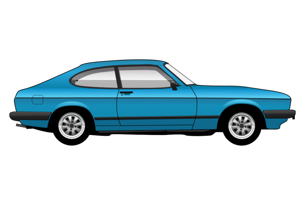 Blue Ford Capri Mark 3 side view vector car graphic design for custom t-shirt and mug prints