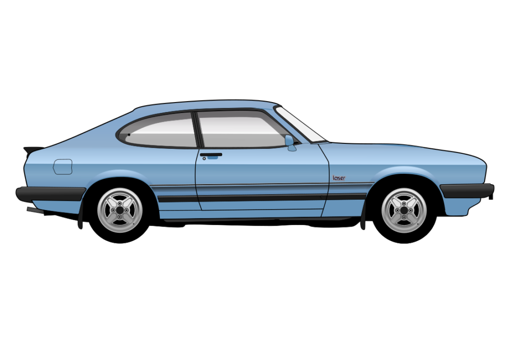 Blue Ford Capri Mark 3 Laser side view vector car graphic design for custom t-shirt and mug prints