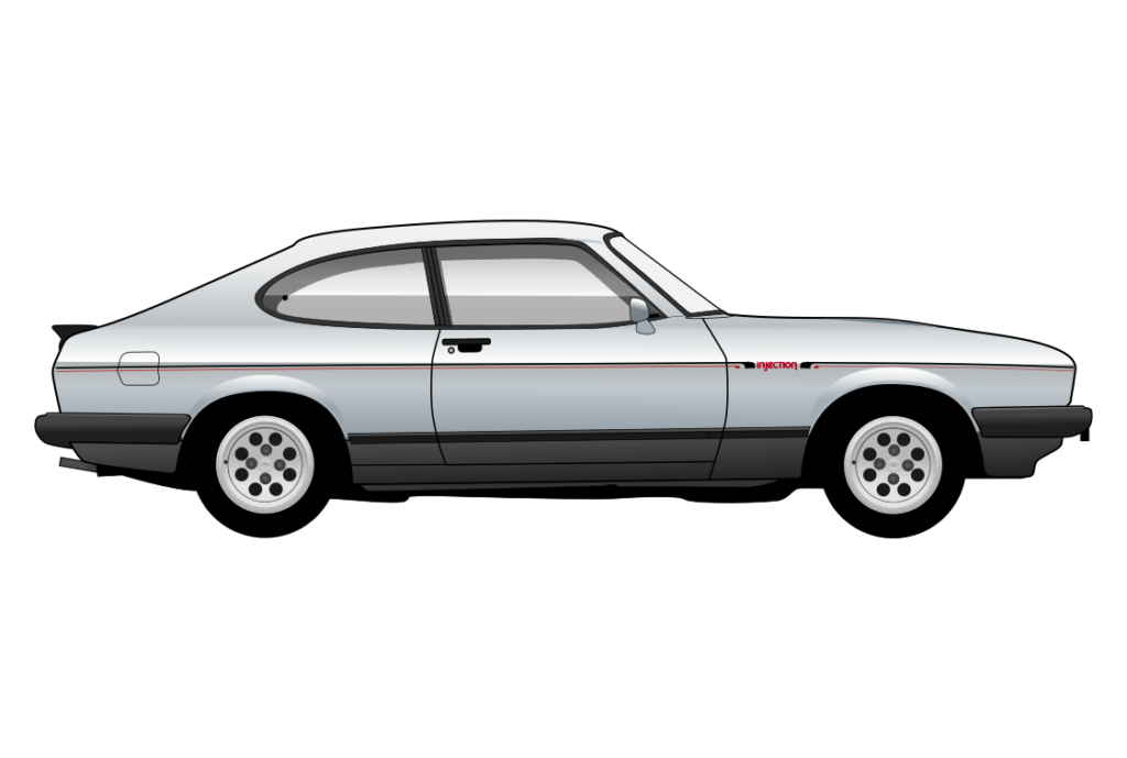 Silver Ford Capri Mark 3 2.8 Injection side view vector car graphic design for custom t-shirt and mug prints