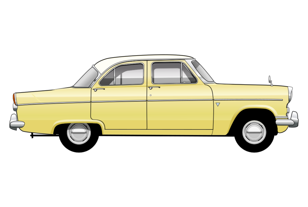 Yellow Ford Consul 1960s side view vector car graphic design for custom t-shirt and mug prints