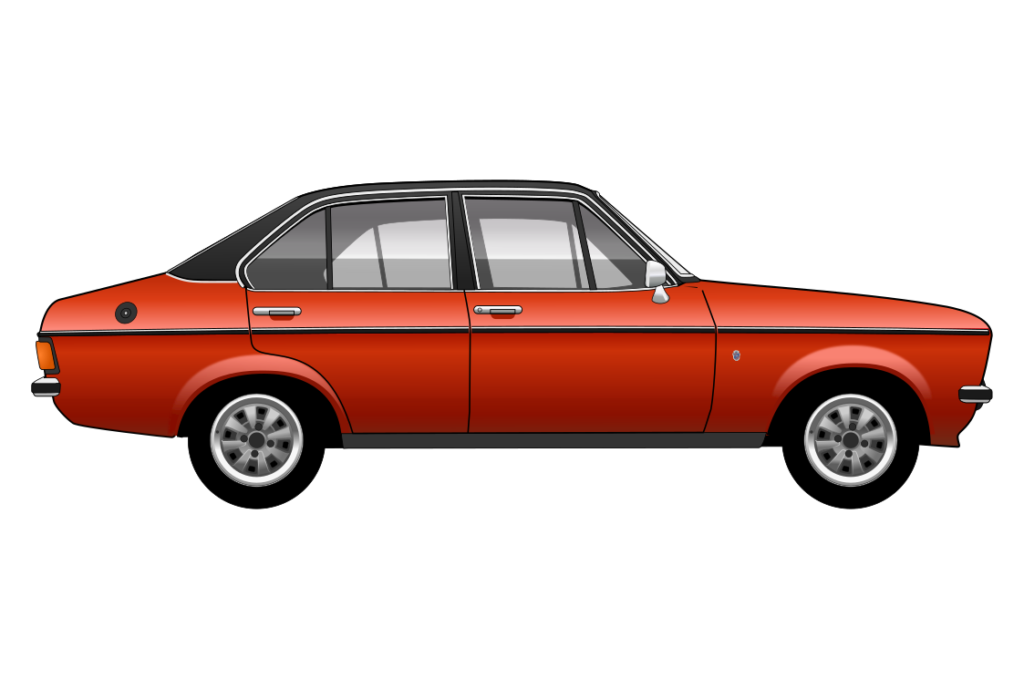 Orange Ford Escort Mark 2 Ghia side view vector car graphic design for custom t-shirt and mug prints