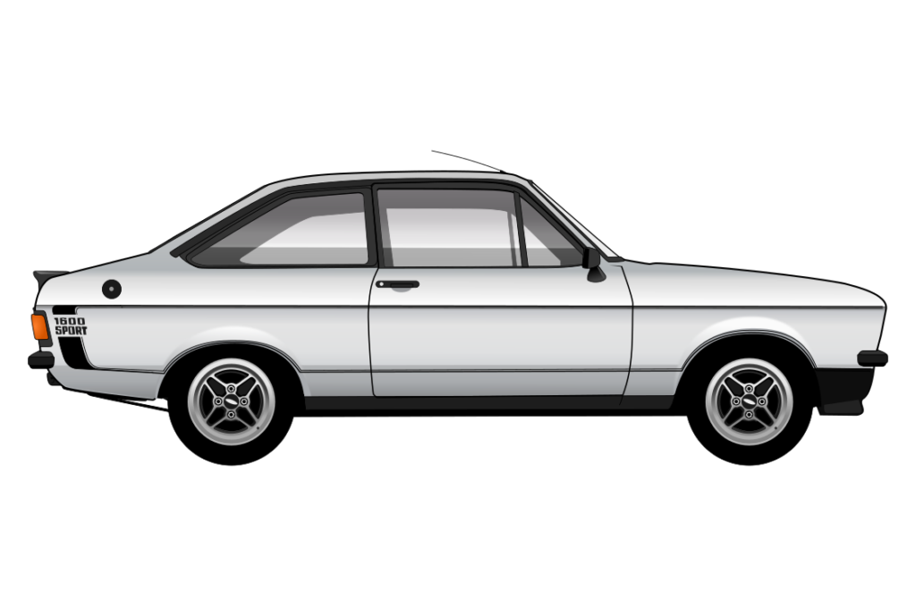 Silver Ford Escort Mark 2 1600 Sport side view vector car graphic design for custom t-shirt and mug prints