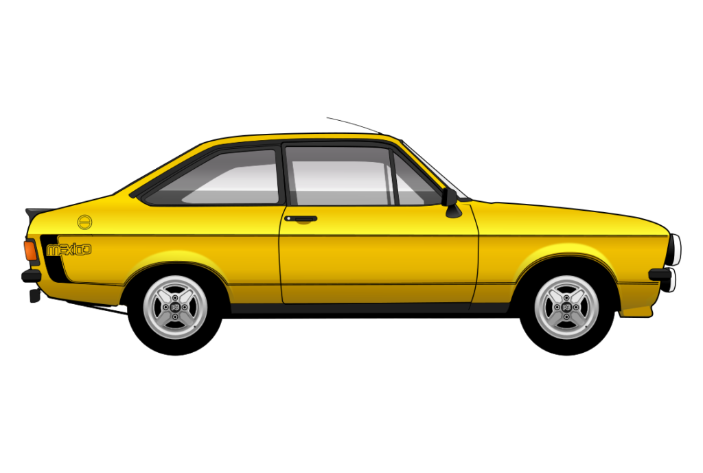 Yellow Ford Escort Mark 2 Mexico side view vector car graphic design for custom t-shirt and mug prints