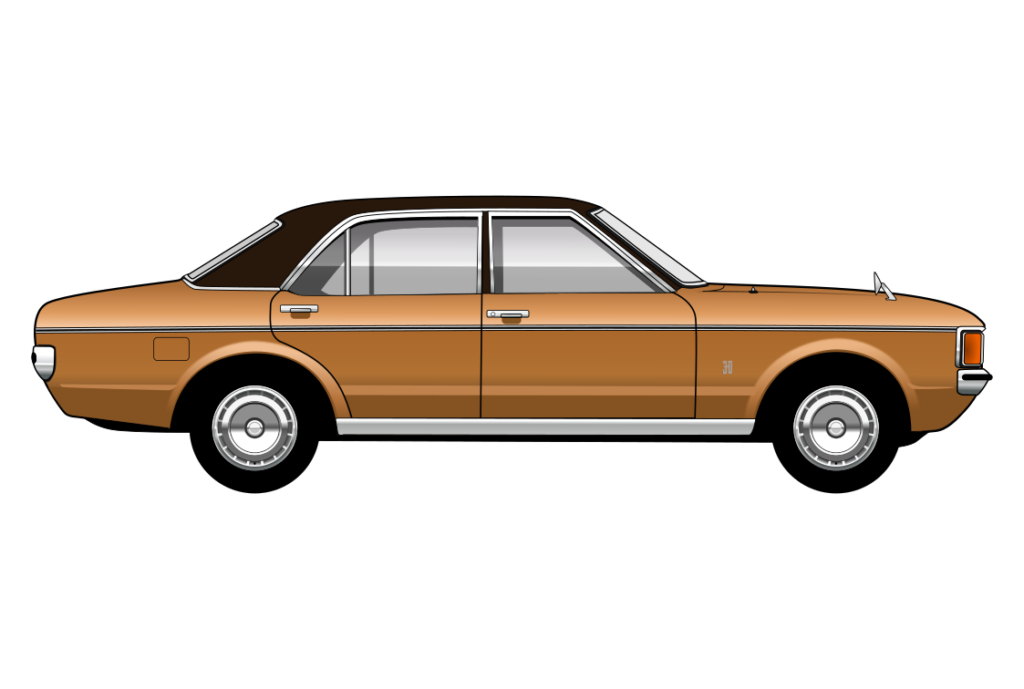 Gold Ford Granada Mark 1 side view vector car graphic design for custom t-shirt and mug prints