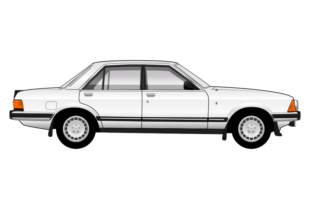 White Ford Granada Mark 2 Ghia side view vector car graphic design for custom t-shirt and mug prints