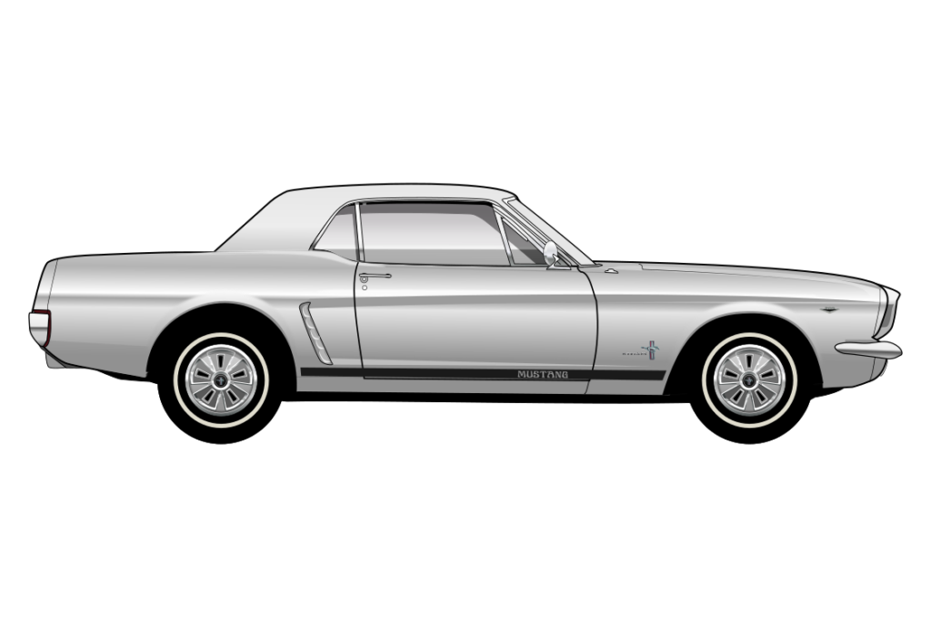 Silver Ford Mustang 1966 side view vector car graphic design for custom t-shirt and mug prints