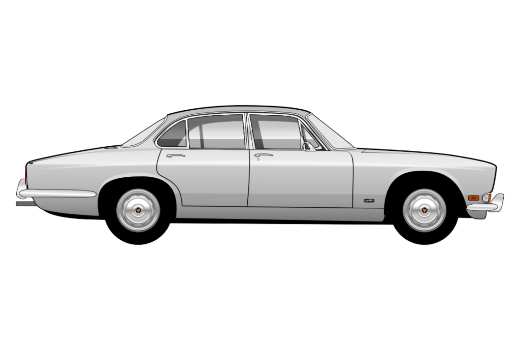 Silver Jaguar XJ6 Series 1 side view vector car graphic design for custom t-shirt and mug prints