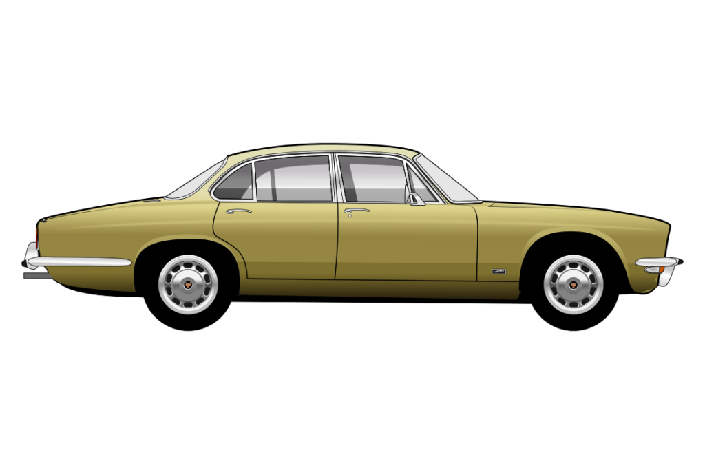 Gold Jaguar XJ6 Series 2 side view vector car graphic design for custom t-shirt and mug prints