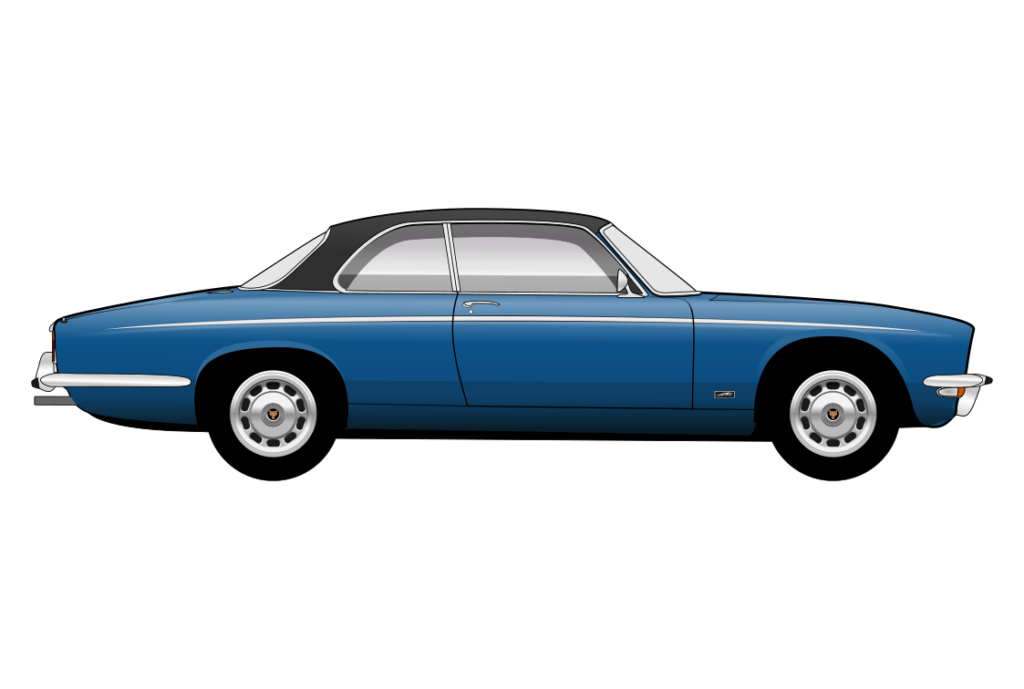 Blue Jaguar XJ6 Series 2 Coupe XJC side view vector car graphic design for custom t-shirt and mug prints