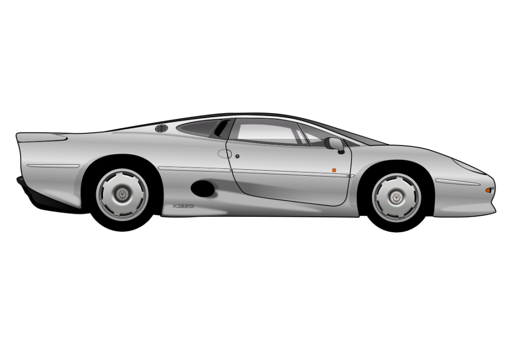 Silver Jaguar XJ220 side view vector car graphic design for custom t-shirt and mug prints