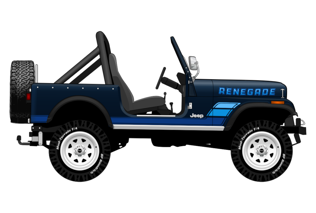 Blue Jeep CJ-7 Renegade side view vector car graphic design for custom t-shirt and mug prints