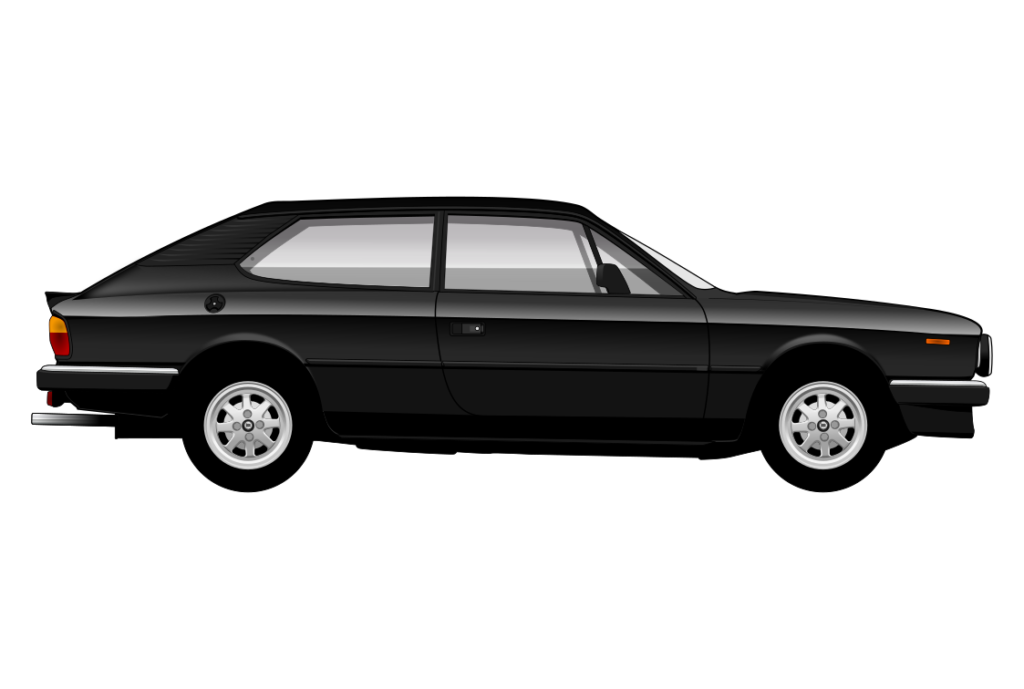 Black Lancia Beta side view vector car graphic design for custom t-shirt and mug prints