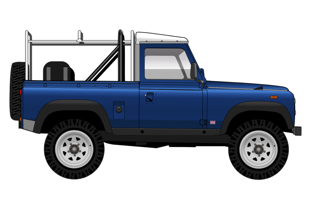 Blue Land Rover 90 side view vector car graphic design for custom t-shirt and mug prints