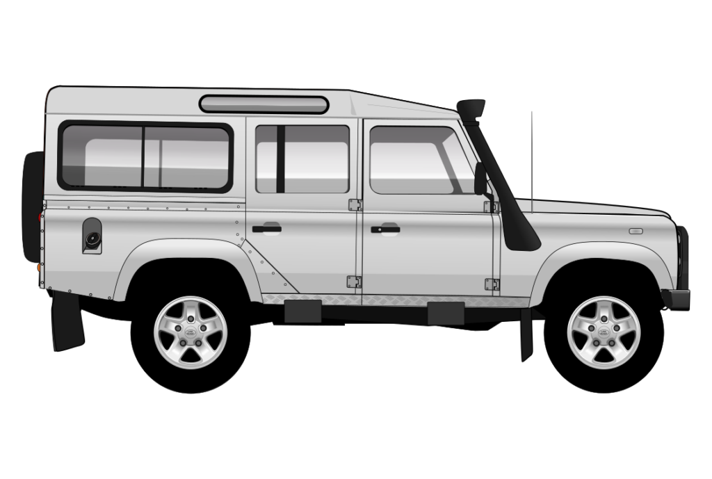 Silver Land Rover Defender 110 side view vector car graphic design for custom t-shirt and mug prints