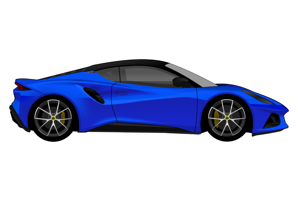 Blue Lotus Emira side view vector car graphic design for custom t-shirt and mug prints