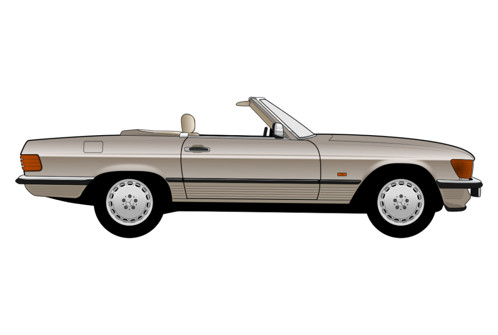 Gold Mercedes R107 SL Facelift side view vector car graphic design for custom t-shirt and mug prints
