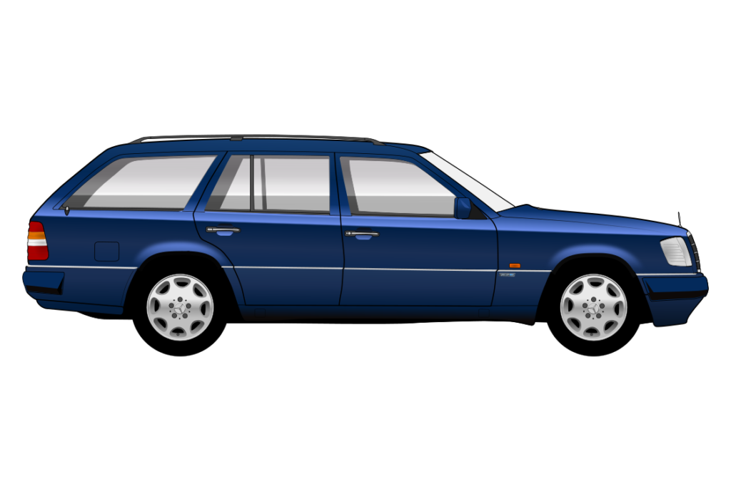 Blue Mercedes S124 E-Class Facelift side view vector car graphic design for custom t-shirt and mug prints
