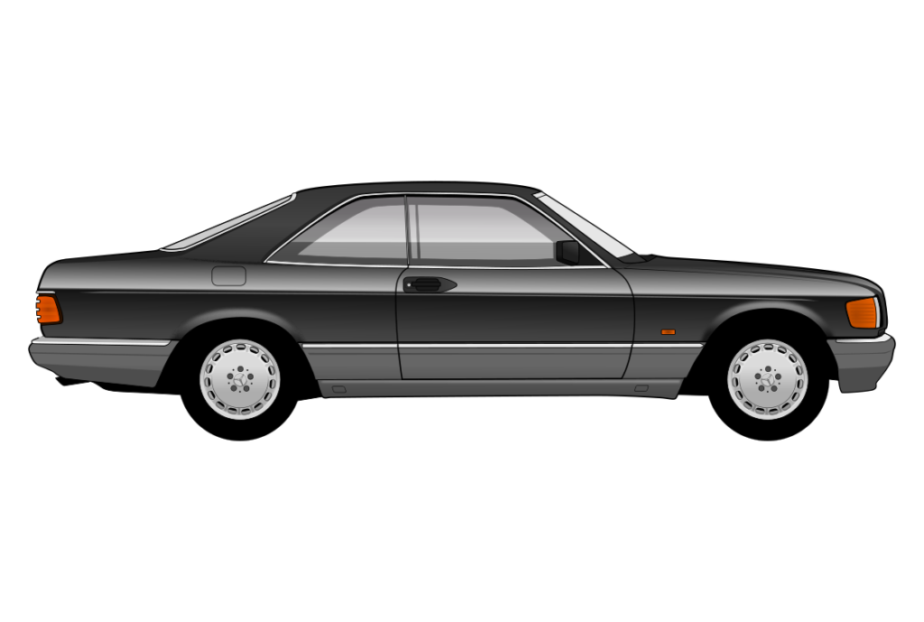 Grey Mercedes C126 SEC side view vector car graphic design for custom t-shirt and mug prints