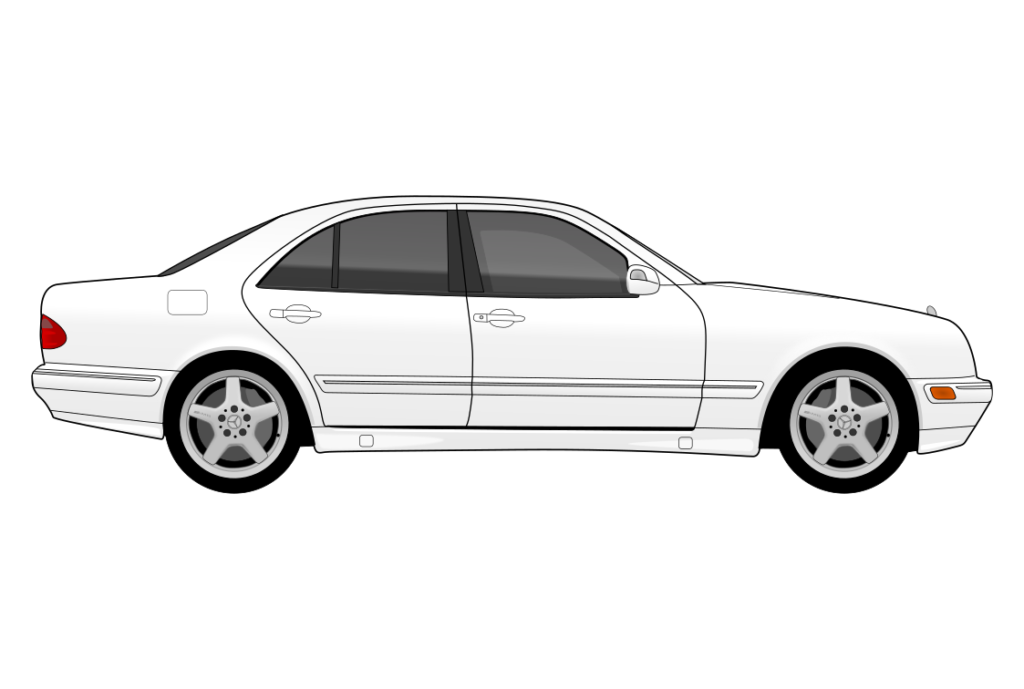 White Mercedes W210 E-Class side view vector car graphic design for custom t-shirt and mug prints