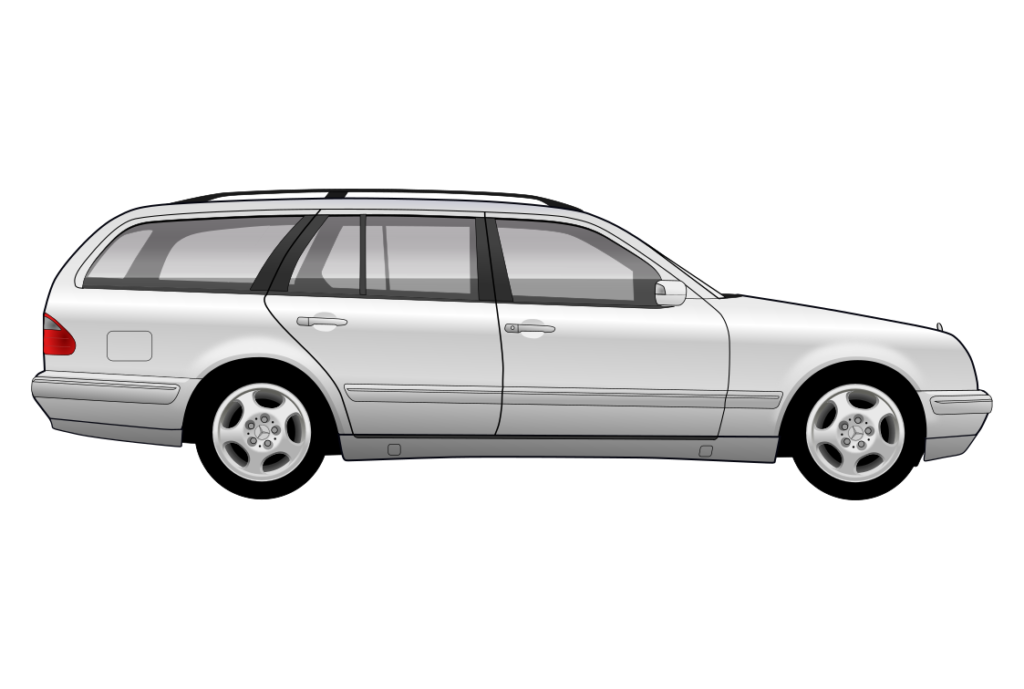 Silver Mercedes S210 E-Class side view vector car graphic design for custom t-shirt and mug prints