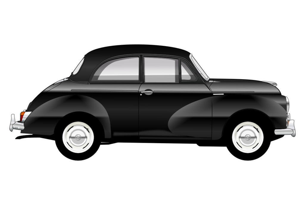Black Morris Minor side view vector car graphic design for custom t-shirt and mug prints
