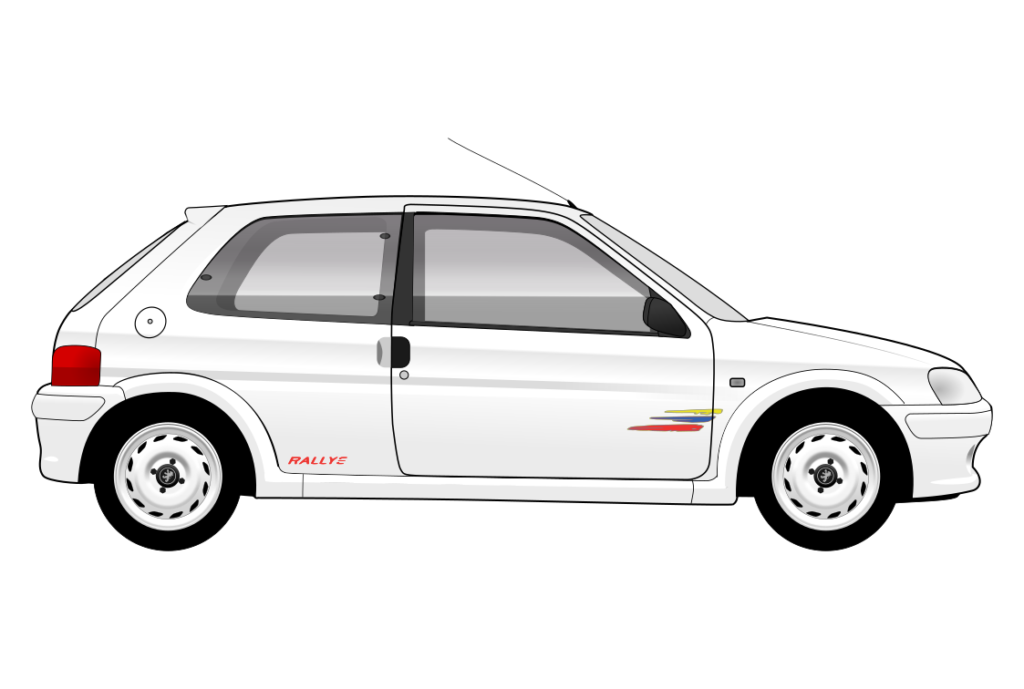 White Peugeot 106 Rallye side view vector car graphic design for custom t-shirt and mug prints